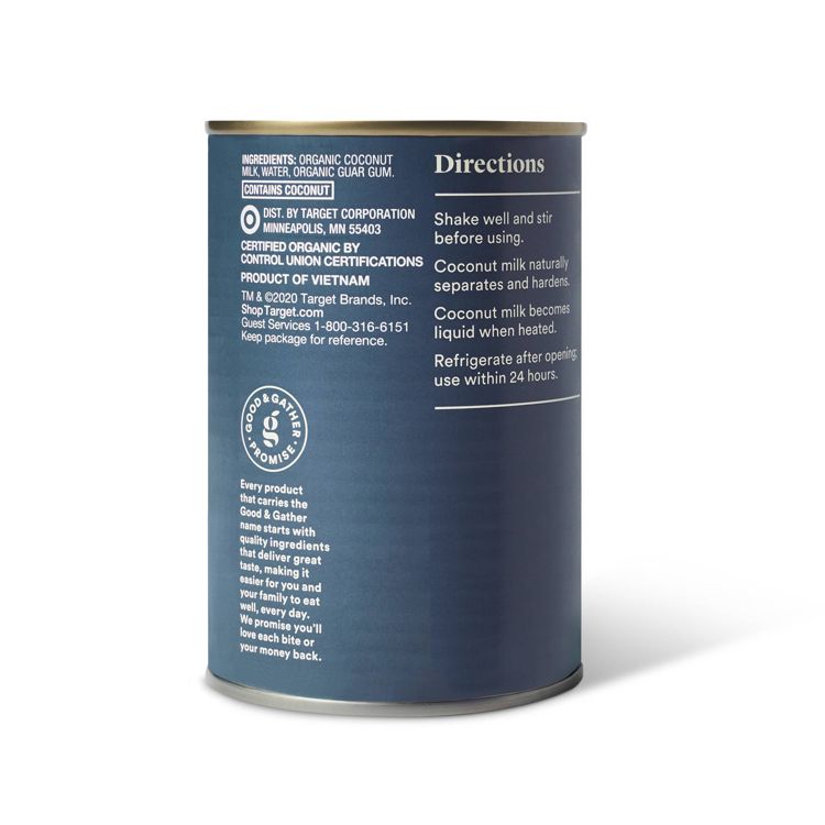 A can with a blue label displaying ingredients and directions for organic coconut milk, including instructions to shake well, refrigerate after opening, and use within 24 hours.