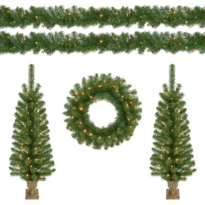 Puleo 5 Piece Pre-Lit Alberta Artificial Christmas Decor Set Featuring 2 Trees 1 Wreath and 2 Garland