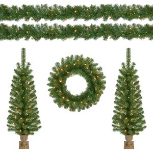 Puleo 5 Piece Pre-Lit Alberta Artificial Christmas Decor Set Featuring 2 Trees 1 Wreath and 2 Garland - 1 of 4