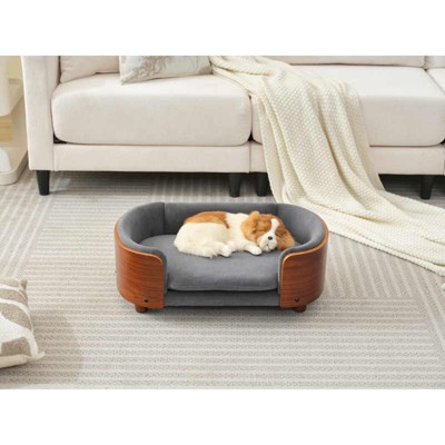 Yukimo 10"H Scandinavian Style Elevated Dog Bed Pet Sofa with Solid Wood Legs and Bent Wood Back, Velvet Cushion, Small Size