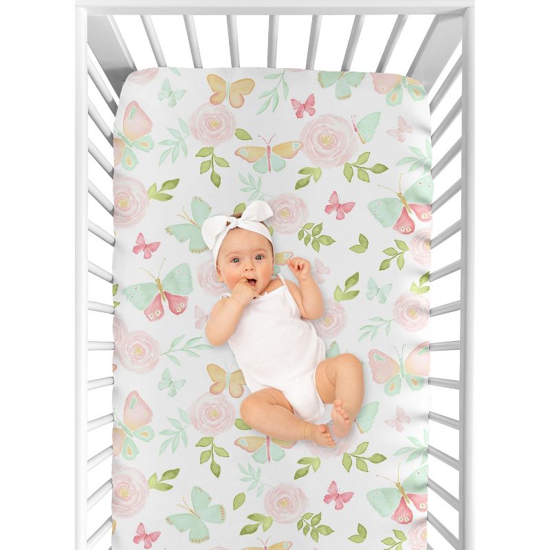 Sweet Jojo Designs Girl Baby Fitted Crib Sheet Butterfly Floral Pink Green and White, 5 of 8