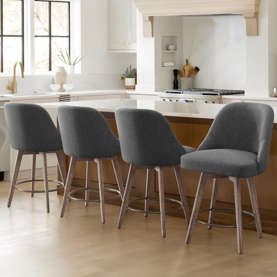 Bekrvio Counter Height Bar Stools, 26" Mid-Century Swivel Barstools with Backs - Linen Upholstered Wood Legs, Kitchen Island Counter Chairs