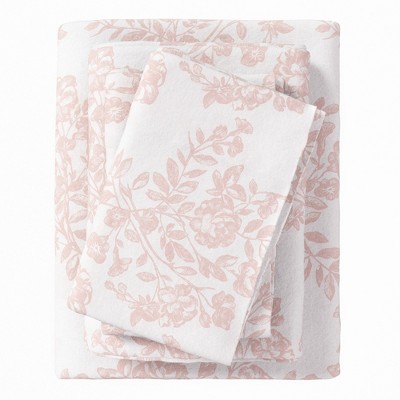 100% Cotton Winter Floral Printed Flannel Sheet Set - Great Bay Home (Queen, Toile - Blush Pink)