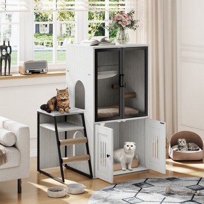 Cat Litter Box Enclosure for 2 Cats – Double Cat House with Hammock, Storage & Ventilated Mesh Doors
