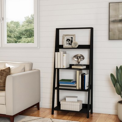 Black 4-Tier Adjustable Wood Ladder Bookshelf