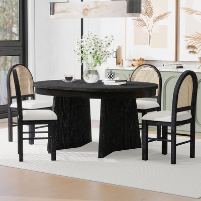 5-Piece Retro Functional Dining Set with 1 Extendable Dining Table and 4 Upholstered Chairs with Rattan Backrests 4B - ModernLuxe