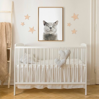 Smiling Gray Cat Canvas Print with Natural Wood Frame