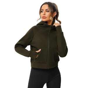 Women's Cropped Hooded Top Casual Zip Front Long Sleeve Sweatshirt with Pockets Green XL - 1 of 4