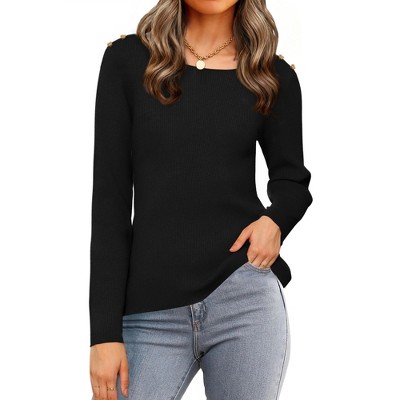 INSPIRE CHIC Women's Ribbed Knit Long Sleeve Crew Neck Button Decor Sweater