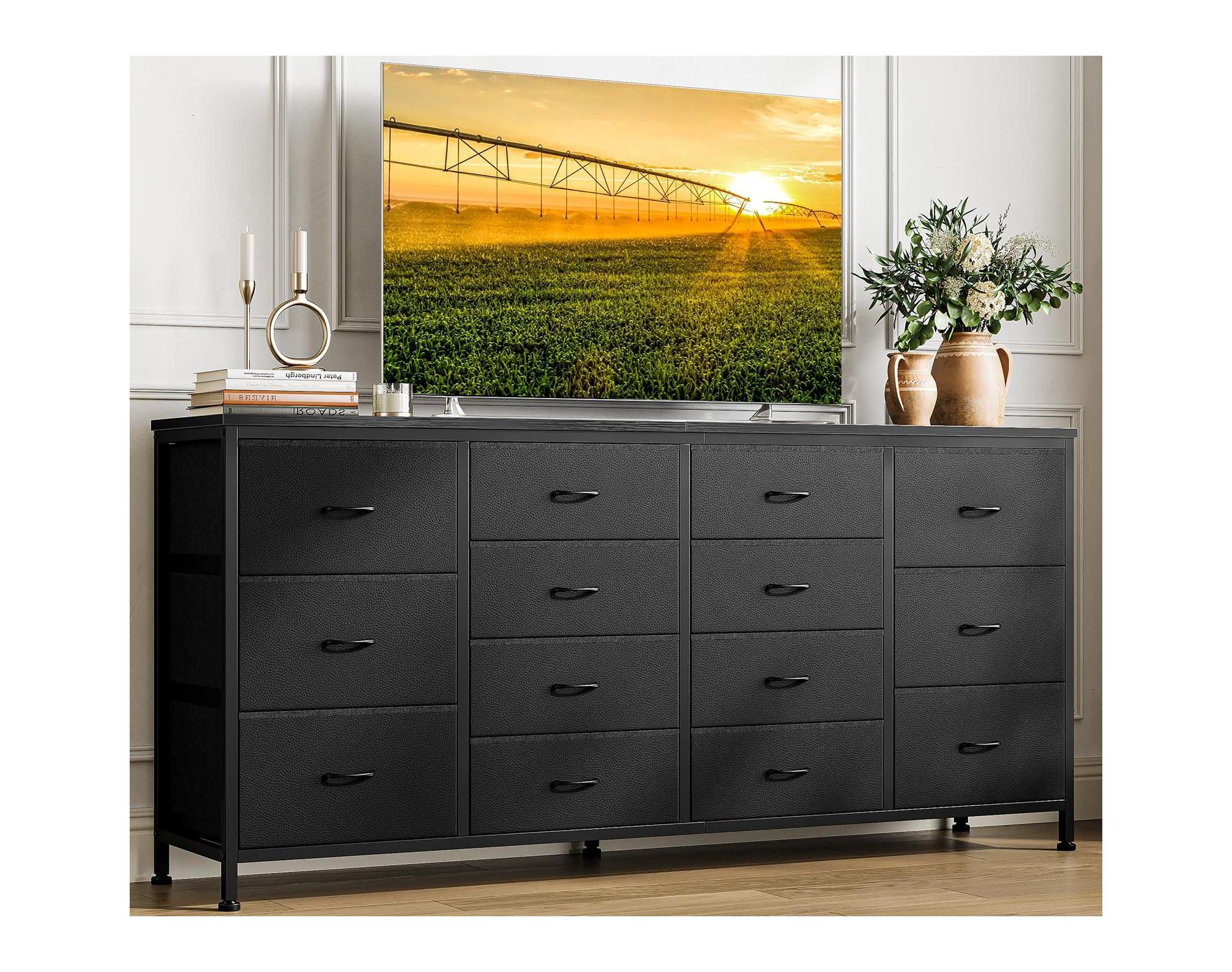 63" W Dresser Tv Stand for 65 70 75 Inch Tv, 14 Drawer for Bedroom with Power Outlets, Large Long Fabric Dresser Entertainment Center