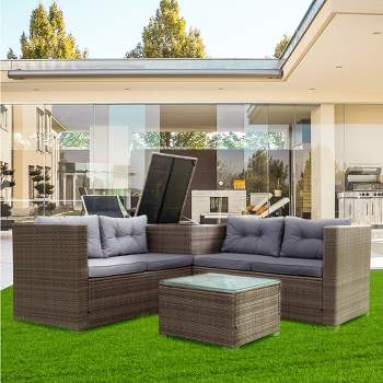 4-Piece Outdoor Wicker Rattan Conversation Set, Patio Sectional Sofa Set with Tempered Glass Coffee Table and Storage Box 4M - ModernLuxe