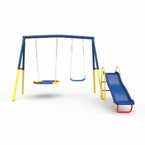 Okak Swing Set with Heavy-Duty A-Frame, Kids Swing with 1 Saucer Swing Seat & 1 Belt Swings Seat/Slide, Outdoor Swing for Boys and Girls - 1 of 4