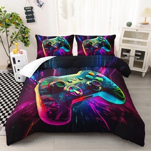 Hachikiko 3D Neon Gamepad Comforter Set - Gamer Cubic Space Bedding for Kids Teens 3PCS - 1 of 4
