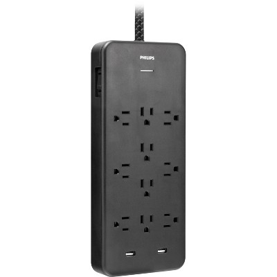 Philips 10-Outlet Surge 6&#39; Braided cord 2880J 2 USB-A - 2.4A Adapter-Spaced - Black