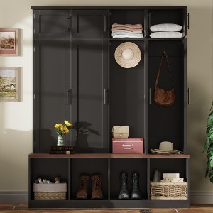 Okak Farmhouse Hall Tree with 8 Doors and 4 Hanging Hooks, Multifunction Coat Rack with 4 Storage Shelves and Seating Bench for Bedroom, Black - 1 of 4