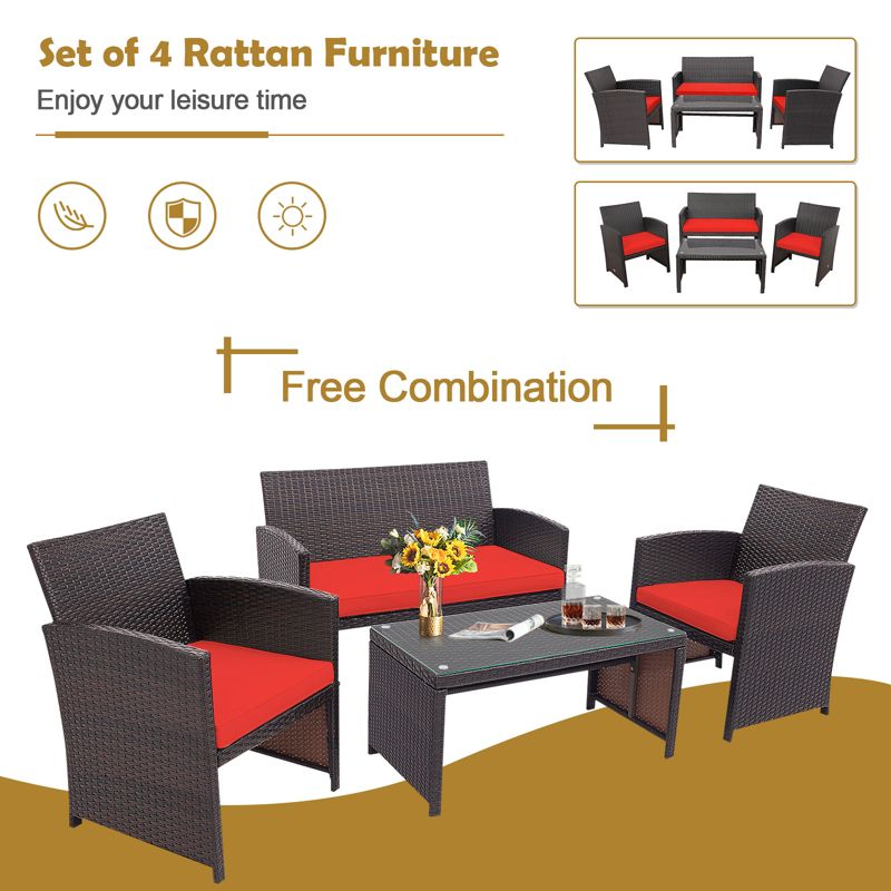 Tangkula 4PCS Outdoor Patio Furniture Sets Weather-Resistant Rattan Sofas w/ Soft Cushion Red, 5 of 8