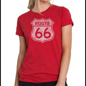 LA Pop Art Women's Premium Blend Word Art T-shirt - CITIES ALONG THE LEGENDARY ROUTE 66 - 1 of 4