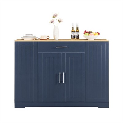 OUTSUPPLY Farmhouse Kitchen Island, Mobile Cart with Spice Rack, Adjustable Shelves & Drawers