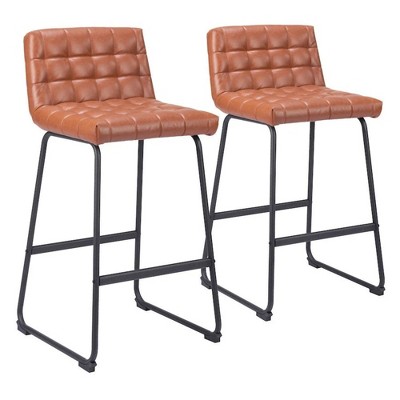 Zuo Modern – Pago Barstool Set of 2 Brown,39" H Plush Faux Leather Steel Frame Modern Counter Seating