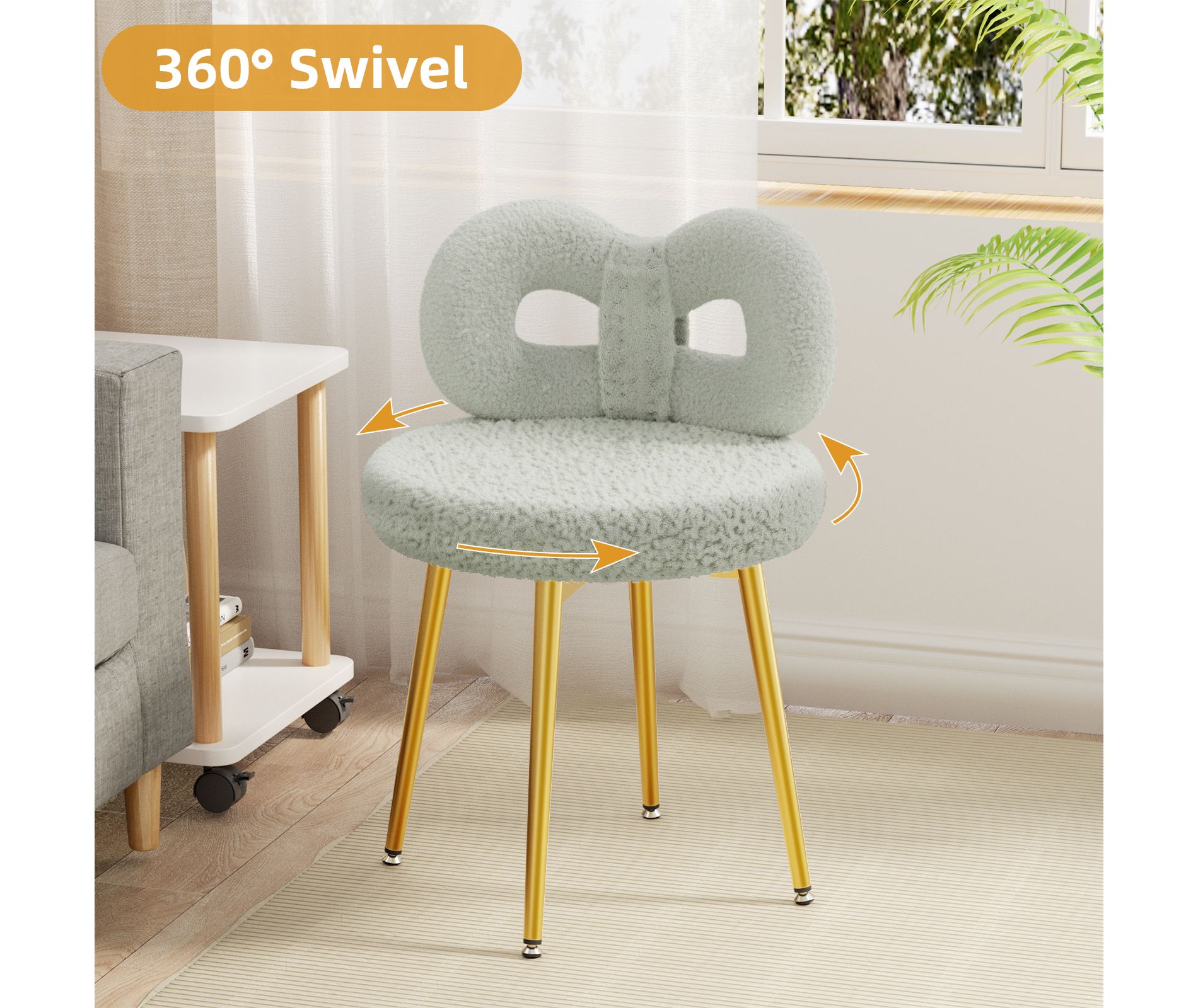 Swivel Vanity Chair with Back, Makeup Chair, Desk Chair for Girl with Cute Bow Backrestst