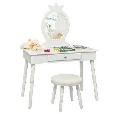 Costway Kids Vanity Makeup Table & Chair Set Make Up Stool Play Set for Children White