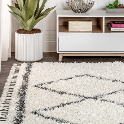 Cream/Grey Moroccan Trellis Shag Area Rug 5' x 8'