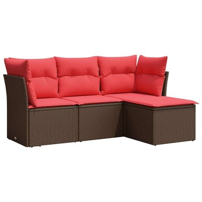 vidaXL 4 Piece Patio Sofa Set with Cushions Brown and Red Poly Rattan - Without Table