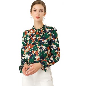 Allegra K Women's Floral Tie V Neck Chiffon Ruffle Trumpet Sleeve Blouse - 1 of 4