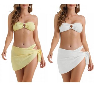 INSPIRE CHIC Women's Ribbed O Ring Bandeau Back Buckle Triangle Thong Bottom Swimwear Bathing Bikini Suits 2 Sets - 1 of 4