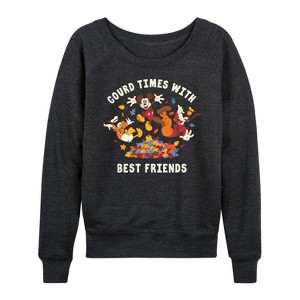 Women's - Disney - Mickey Goofy and Donald Gourd Times with Best Friends Lightweight French Terry Wide Neck Long Sleeve Shirt - 1 of 4