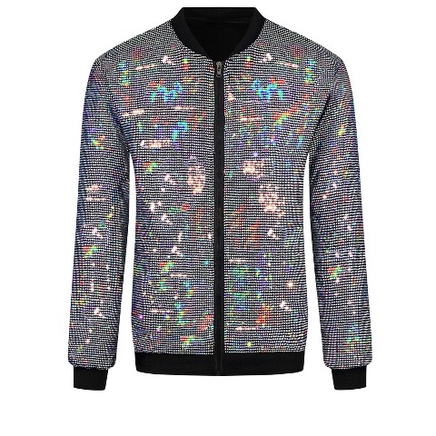 Lars Amadeus Men's Zip Up Long Sleeves Disco Sparkle Sequin Bomber Jacket Silver X Large