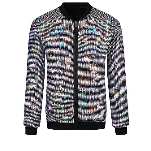 Lars Amadeus Men's Zip Up Long Sleeves Disco Sparkle Sequin Bomber Jacket - image 1 of 4