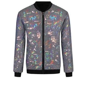 Lars Amadeus Men's Zip Up Long Sleeves Disco Sparkle Sequin Bomber Jacket