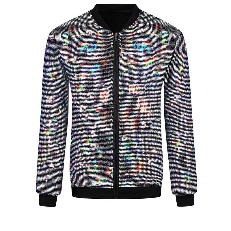 Lars Amadeus Men's Zip Up Long Sleeves Disco Sparkle Sequin Bomber Jacket, 1 of 6