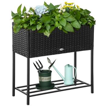 Outsunny Elevated Metal Raised Garden Bed with Rattan Wicker Look, Underneath Tool Storage Rack, Sophisticated Modern Design