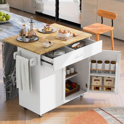 Mobile Kitchen Island Cart featuring Rubberwood Counter, Storage Space, Roomy Drawer with Partition & Inner Rack, and an Adjustable Shelf Tower Rack