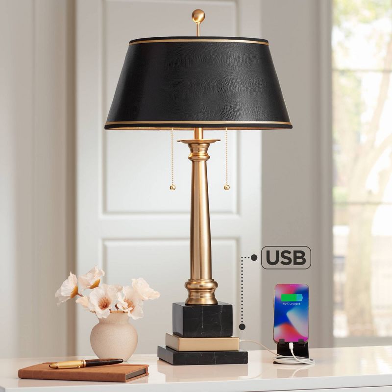 Barnes and Ivy Georgetown Traditional Desk Lamp 28 1/2" Tall Warm Brass with USB Charging Port Black Shade for Bedroom Living Room Bedside Office Kids, 2 of 10