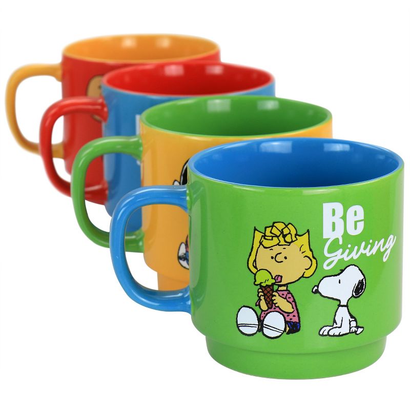 Gibson Peanuts Classic Gentle Reminders Collection 4 Piece Stoneware Stackable Mug Set with Metal Stand in Assorted Colors, 2 of 7