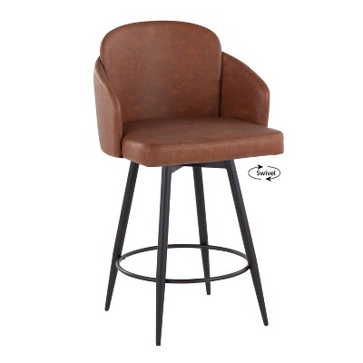 Camel and Matte Black Swivel Metal Counter Stools, Set of 2