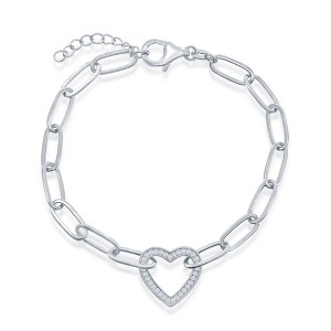 Bella Silver Sterling Silver, CZ Heart Paperclip Bracelet - Silver - 7+1 Inch - 1 of 2