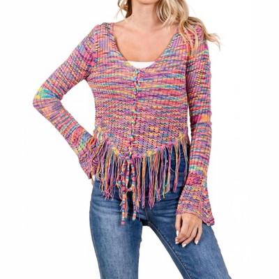 Women's Marled Yarn Lace Up Front Fringe Hem Sweater - Fate