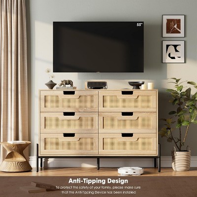 Rattan 6 Drawer Dresser, Wooden Tall Dresser Chest of Drawer Organizer, Farmhouse Storage Cabinet with Metal Legs for Bedroom, Living Room, Entryway