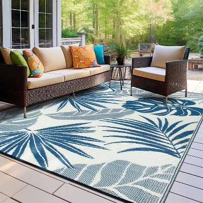 Blue Floral Reversible Synthetic 5' x 7' Outdoor Rug