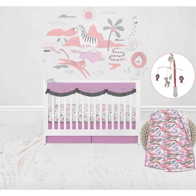 Bacati - Jungle Safari Girls Lilac/Coral Muslin 6 pc Crib Bedding Set with Crib Musical Mobile