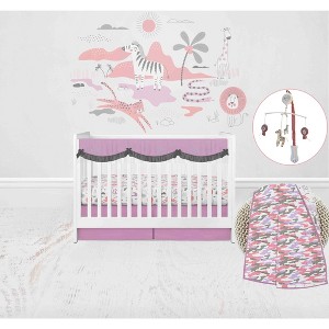 Bacati - Jungle Safari Girls Lilac/Coral Muslin 6 pc Crib Bedding Set with Crib Musical Mobile - 1 of 4
