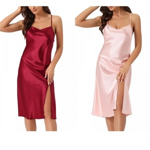 INSPIRE CHIC Womens 2 Pack Satin Nightdress Slit Nightgown Sleeveless Backless Silky Midi Sleepwear - 1 of 4