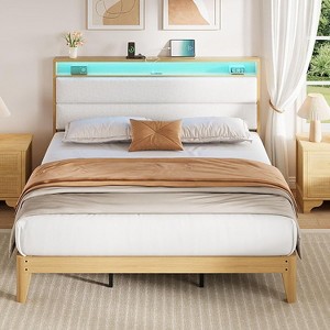 Full Boucle Bed Frame,Bed Frame with RGB LED Light & Charging Station,2-Tier Storage Headboard,Beige - 1 of 4