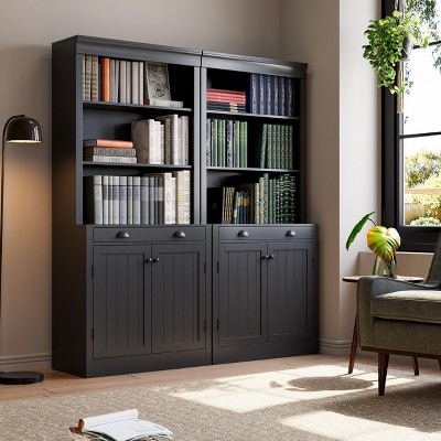 2-Pack 5-Tier Bookshelf with 2 Doors & Drawer, 70 Inch Tall Wooden Bookcase, Adjustable Shelf Storage Cabinet for Living Room, Home Office, Black