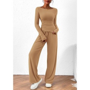 Women's 2 Piece Lounge Sets Asymmetrical Long Sleeve T Shirt Wide Leg Pants Casual Outfits Tracksui - 1 of 4