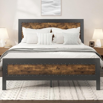 Allewie Heavy-Duty Platform Metal Bed Frame with Headboard, Unique Strip and Rivet Decoration